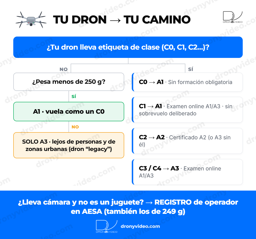 Esquema de qué necesitas según tu dron: con etiqueta de clase C0 a A1, C1 a A1 con examen online, C2 a A2 con certificado, C3 y C4 a A3; sin etiqueta, A1 si pesa menos de 250 g y solo A3 si pesa más; registro de operador si lleva cámara