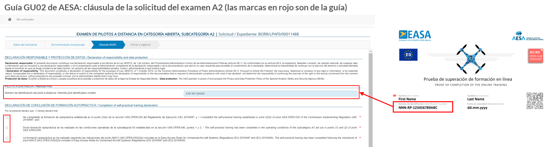 Guía GU02 de AESA: cláusula de la solicitud del examen A2 con el número de piloto ya relleno y las tres casillas de la declaración de autopráctica, marcados en rojo por la guía