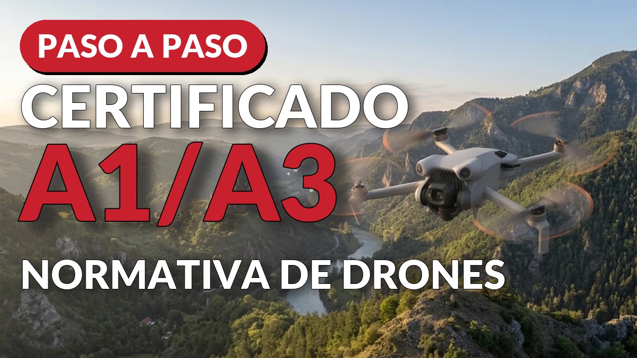 Certificado A1/A3 de dron paso a paso: DJI Mini 5 Pro en vuelo sobre un valle